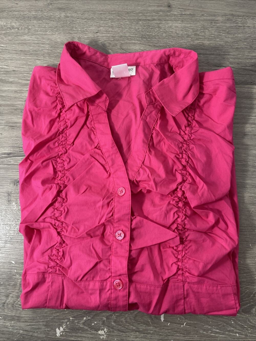 Motherhood Maternity Shirt Women's Size L Hot Pink Ruffle Front Button Up Blouse
